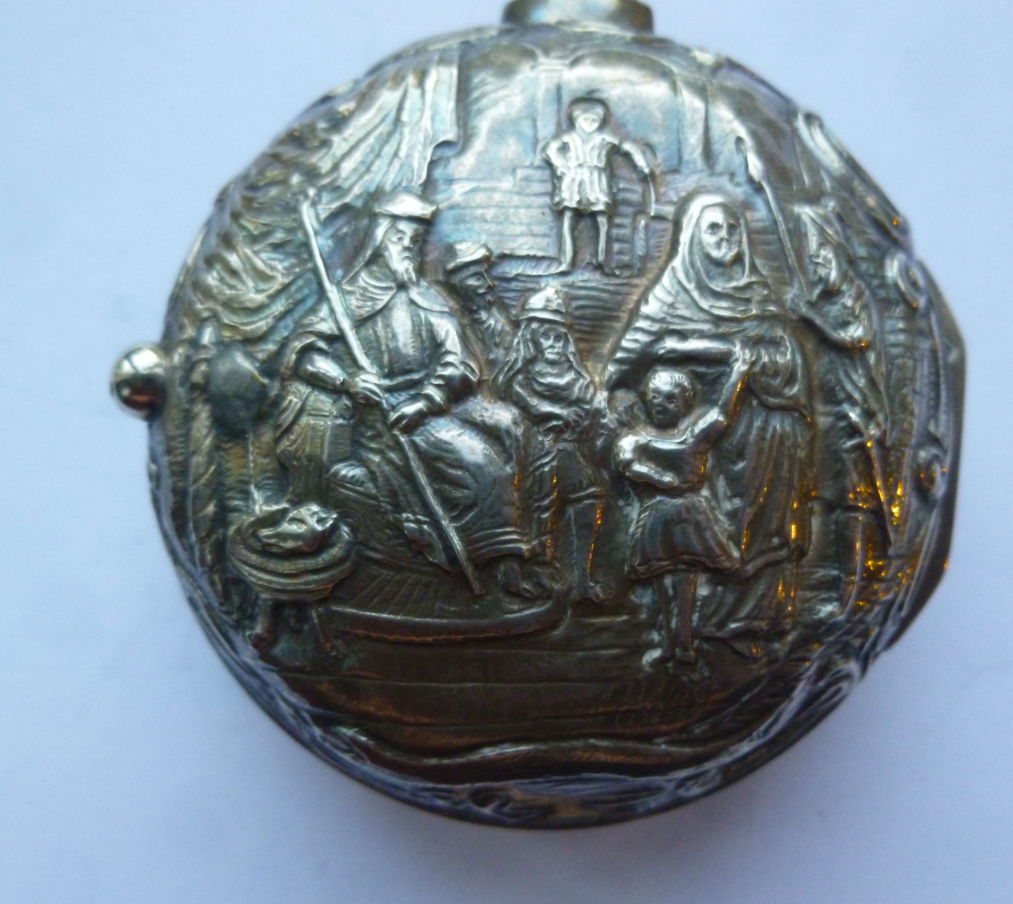 A late Victorian silver pair cased pocket watch, ornately embossed with a Biblical scene, - Image 9 of 10