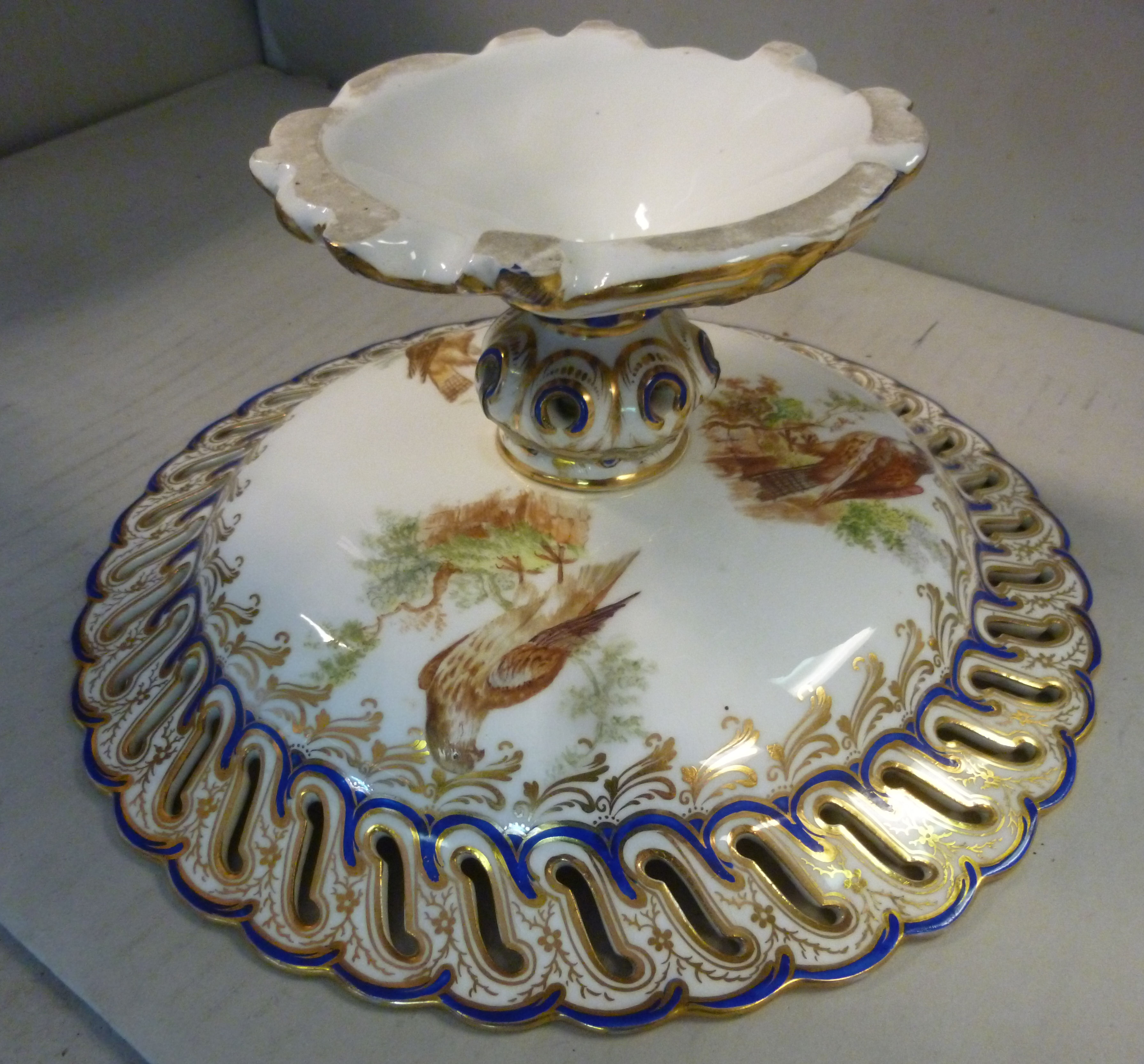 A set of six late 19thC china dessert plates and a matching comport with uniformly pierced and - Image 9 of 12