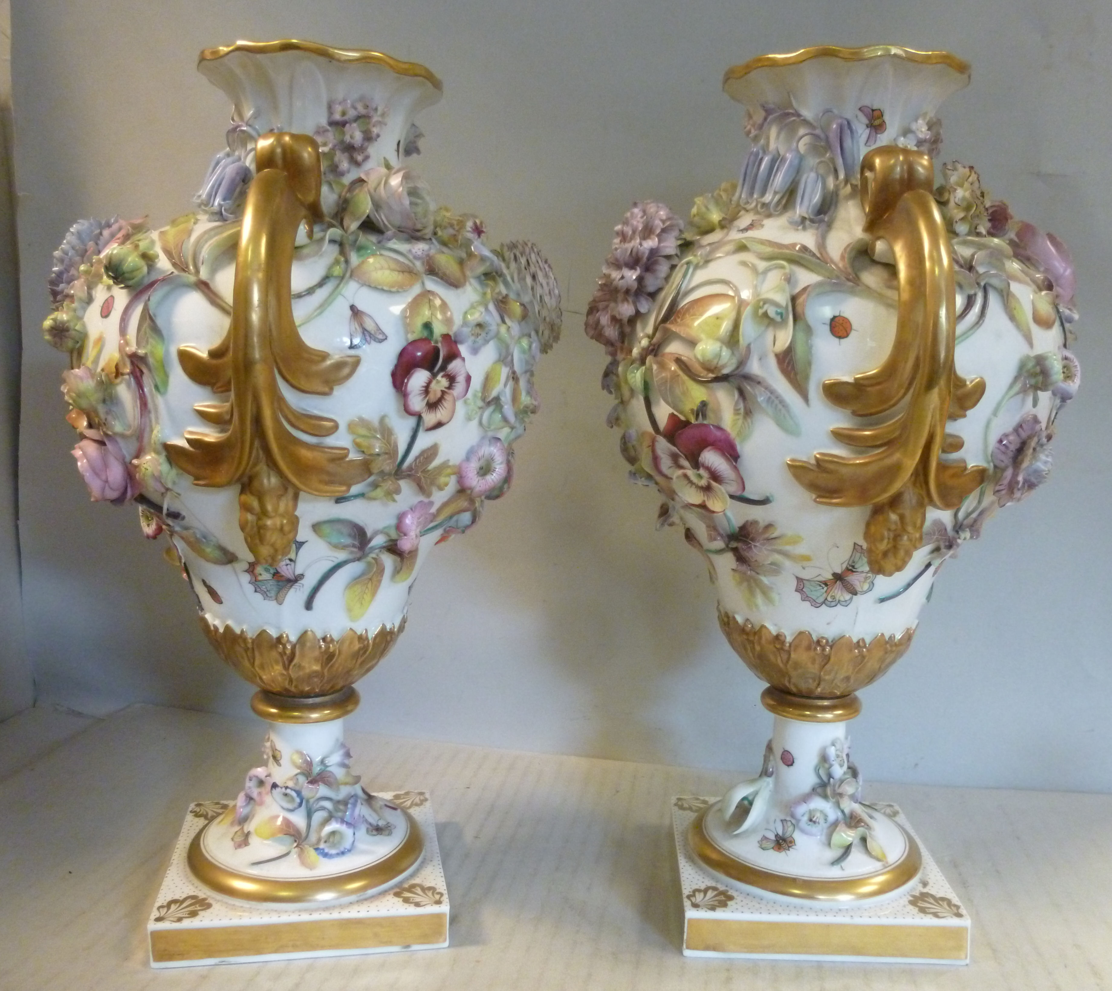 A pair of Chamberlains Worcester ivory glazed and floral encrusted gilded and painted pear shaped, - Image 4 of 9