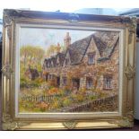 20thC British School - a row of ancient Welsh cottages with a figure by a doorway oil on canvas