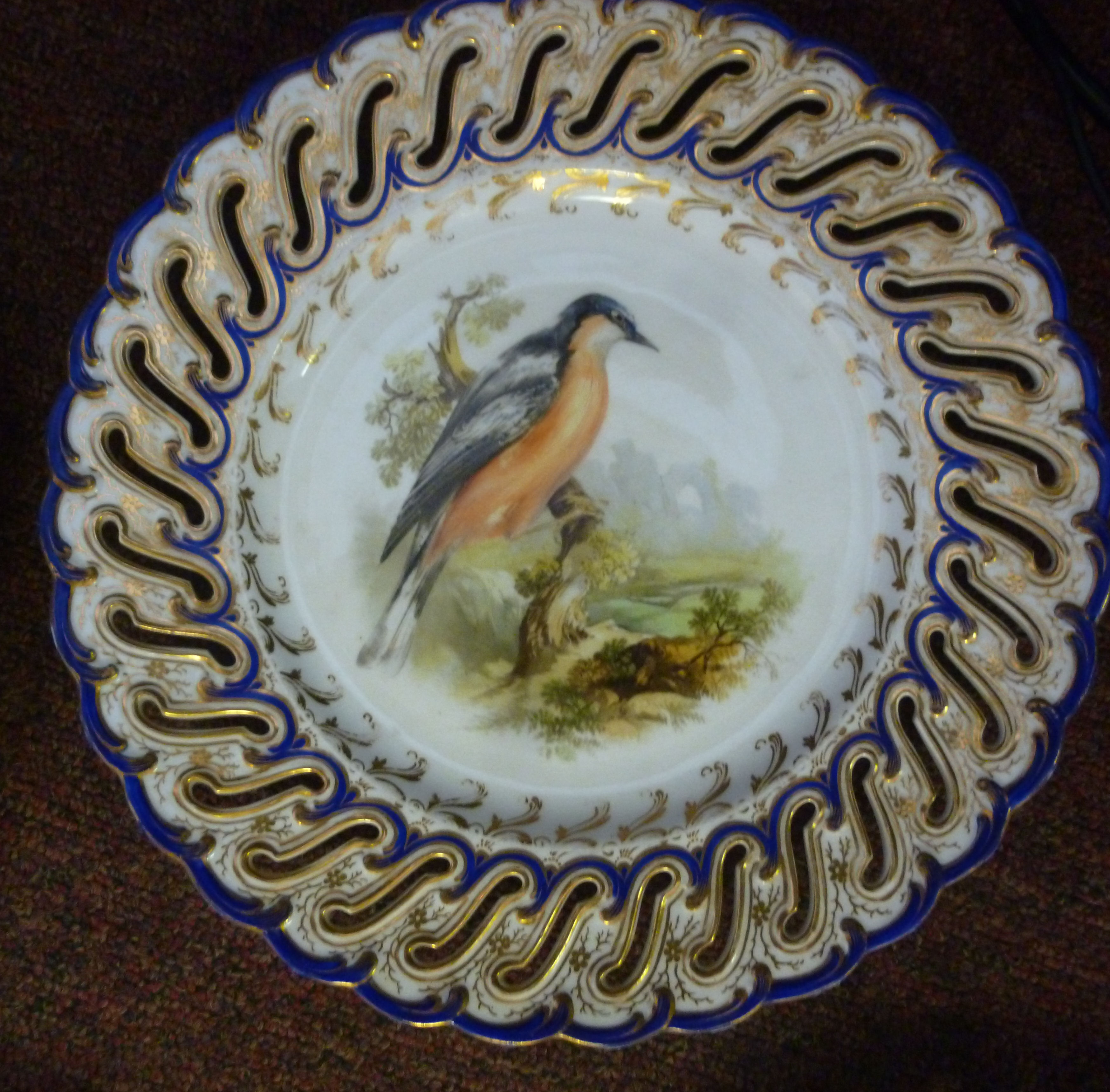 A set of six late 19thC china dessert plates and a matching comport with uniformly pierced and - Image 4 of 12