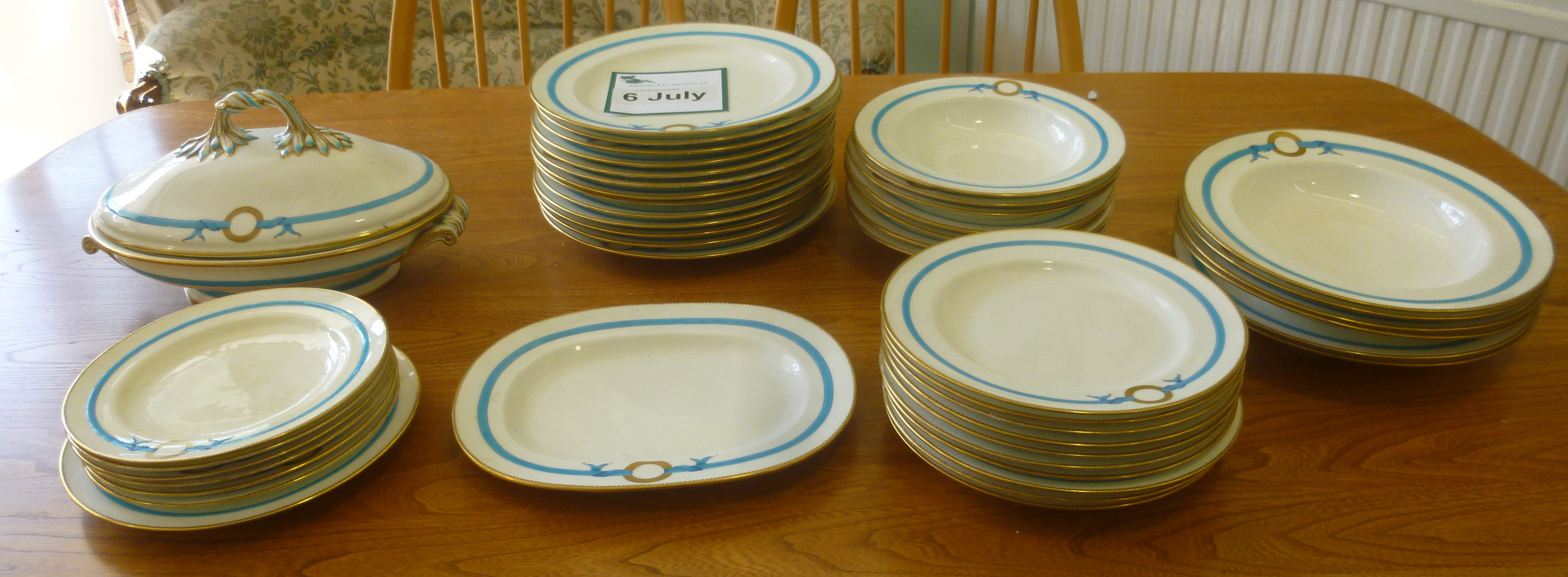 Late Victorian Minton ivory glazed china tableware, the borders decorated with turquoise ribbons, - Image 2 of 7
