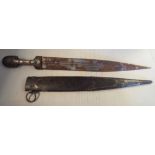 A 19thC Indian dagger with a decoratively overlaid and engraved white metal handle the blade 13''L