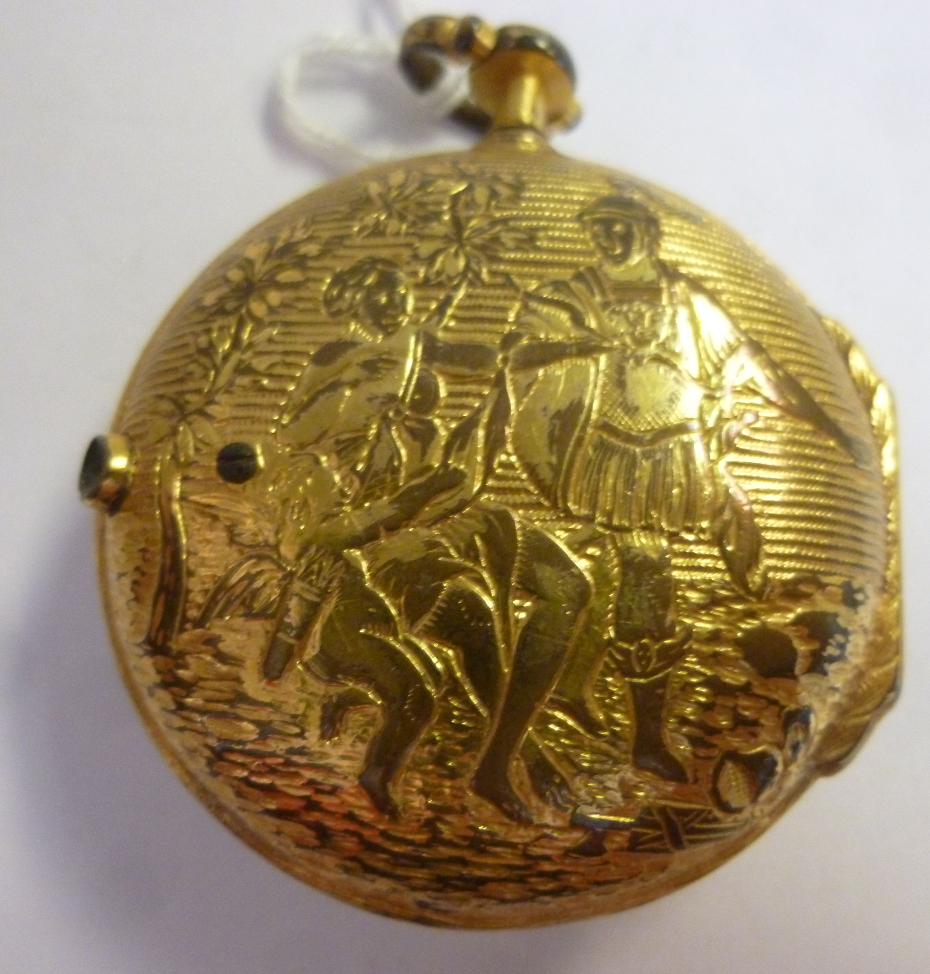 An early 19thC engraved and chased gilt metal cased pocket watch, the fusee movement inscribed Ja. - Image 2 of 7