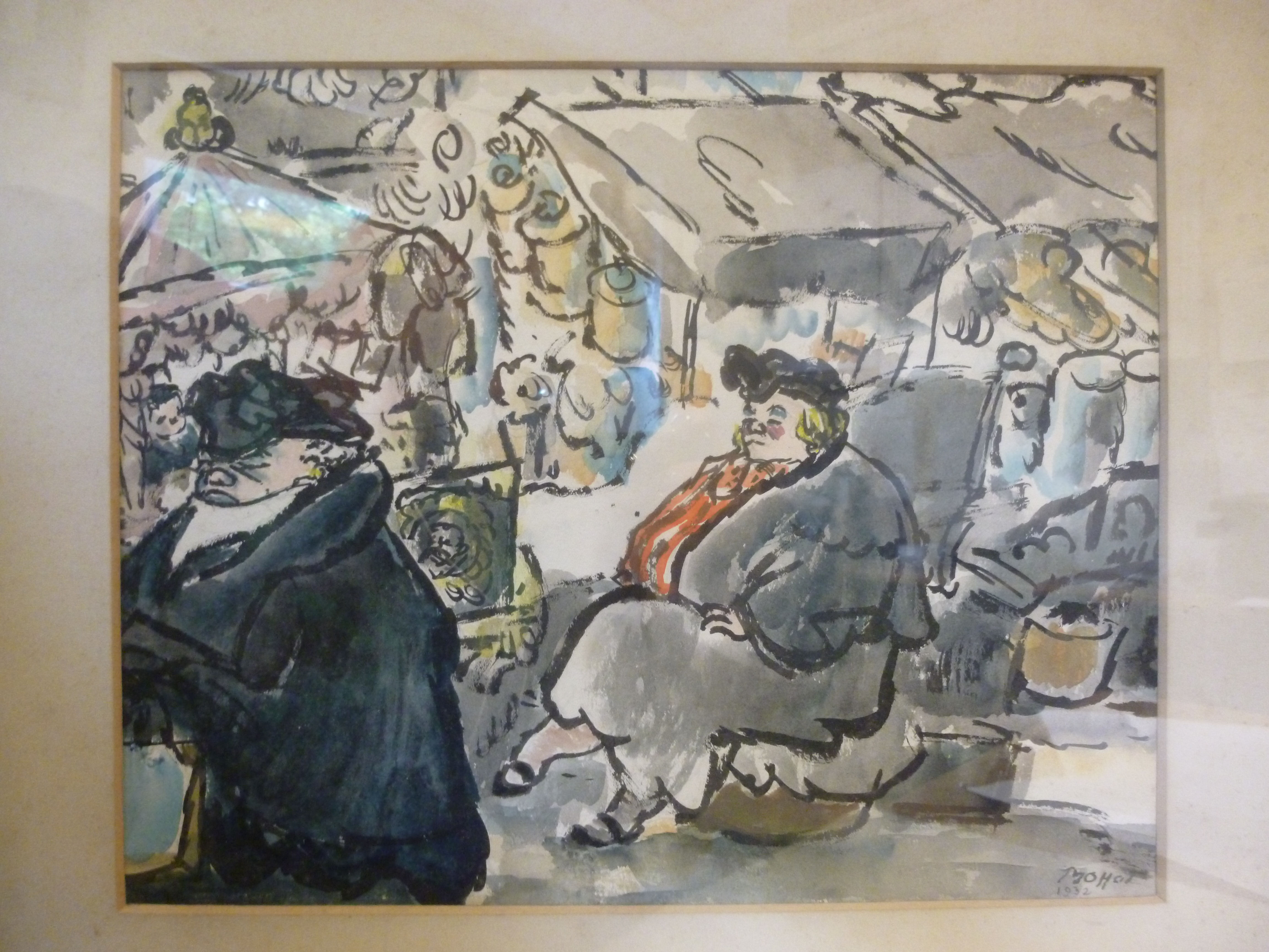 Mohot - a market scene with two seated figures in the foreground watercolour bears a signature &