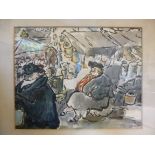 Mohot - a market scene with two seated figures in the foreground watercolour bears a signature &