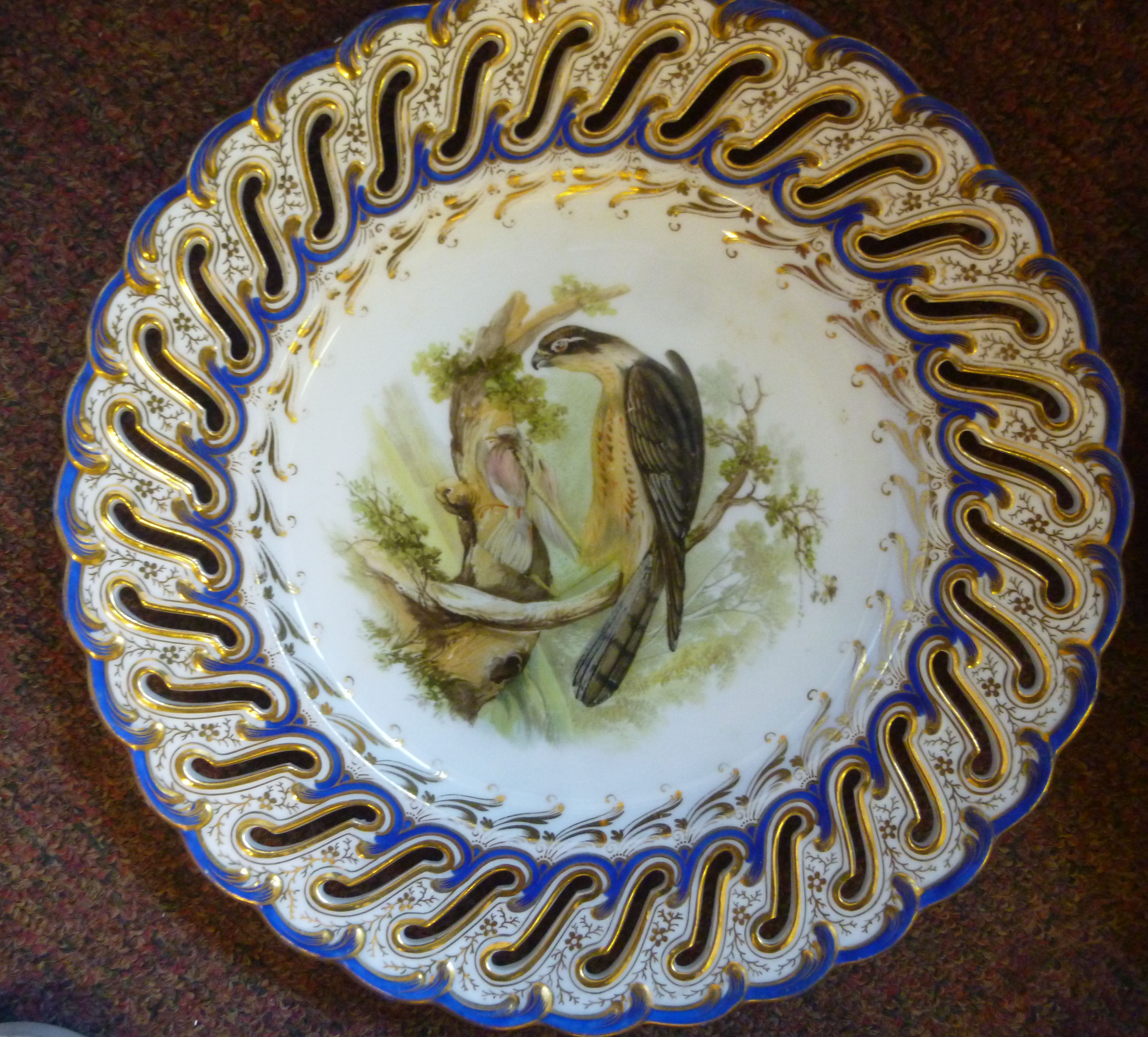 A set of six late 19thC china dessert plates and a matching comport with uniformly pierced and - Image 5 of 12