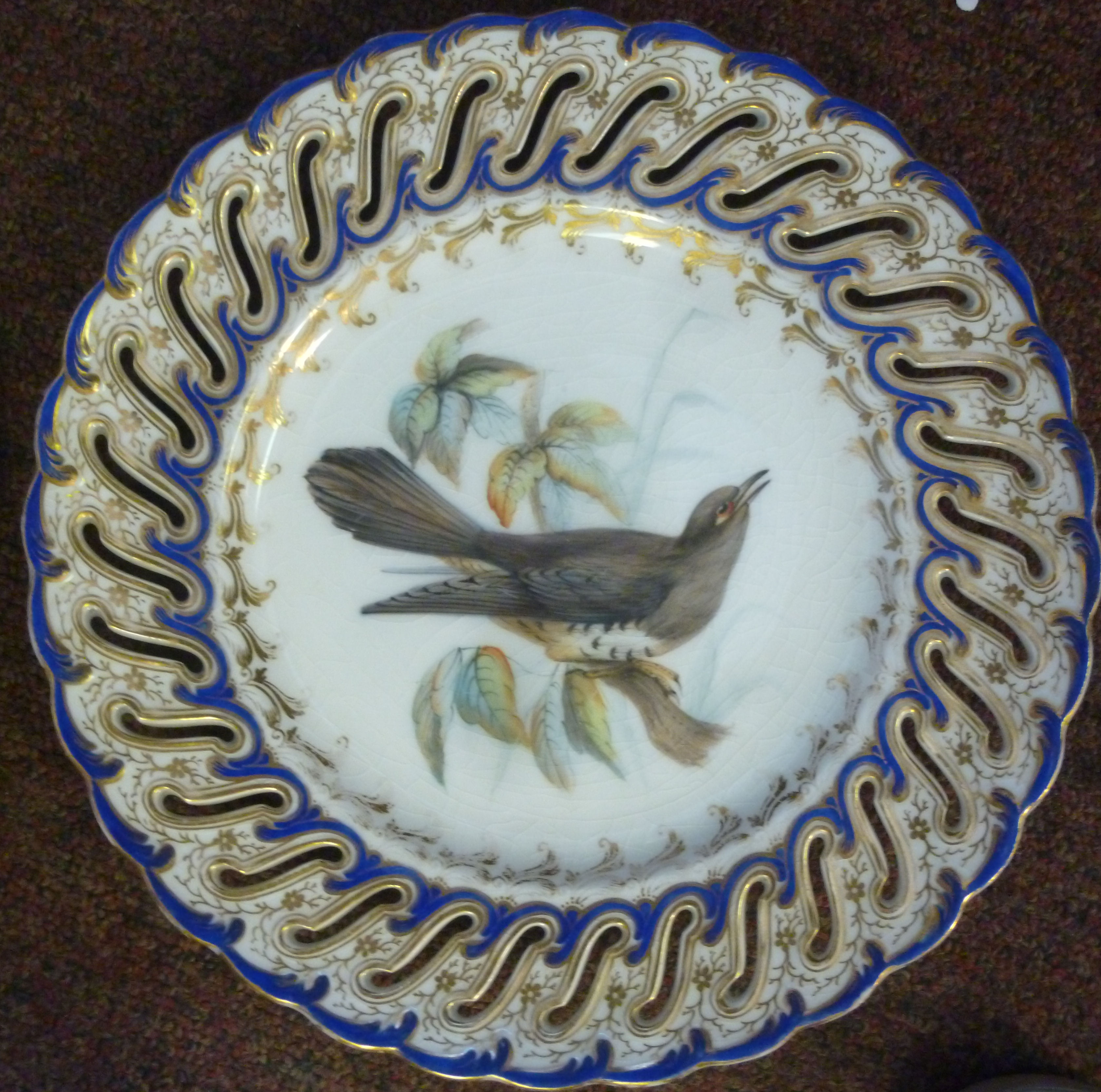 A set of six late 19thC china dessert plates and a matching comport with uniformly pierced and - Image 7 of 12