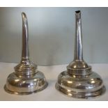 Two similar early 19thC silver plated two part wire funnels with perforated bowls,