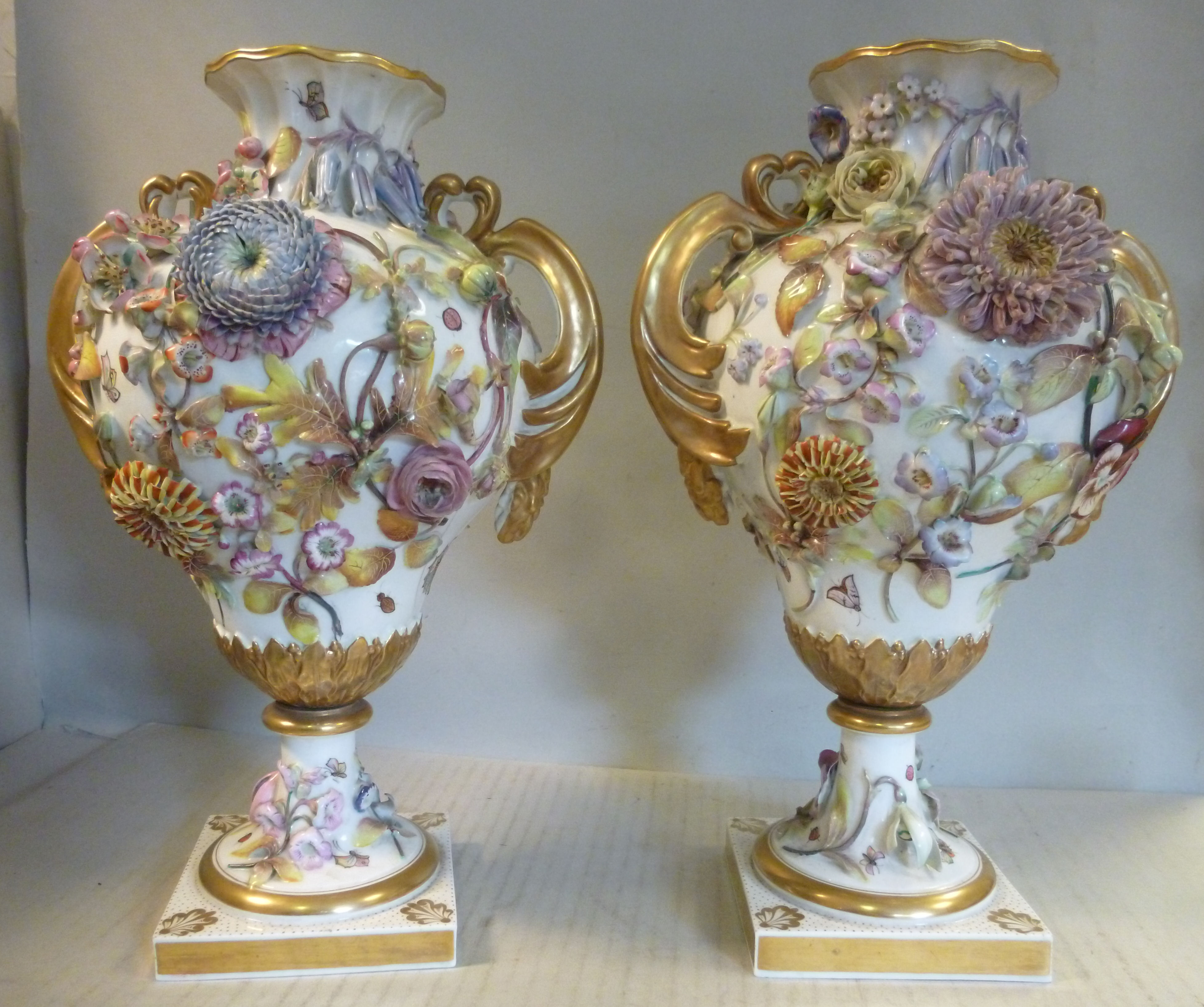 A pair of Chamberlains Worcester ivory glazed and floral encrusted gilded and painted pear shaped, - Image 3 of 9