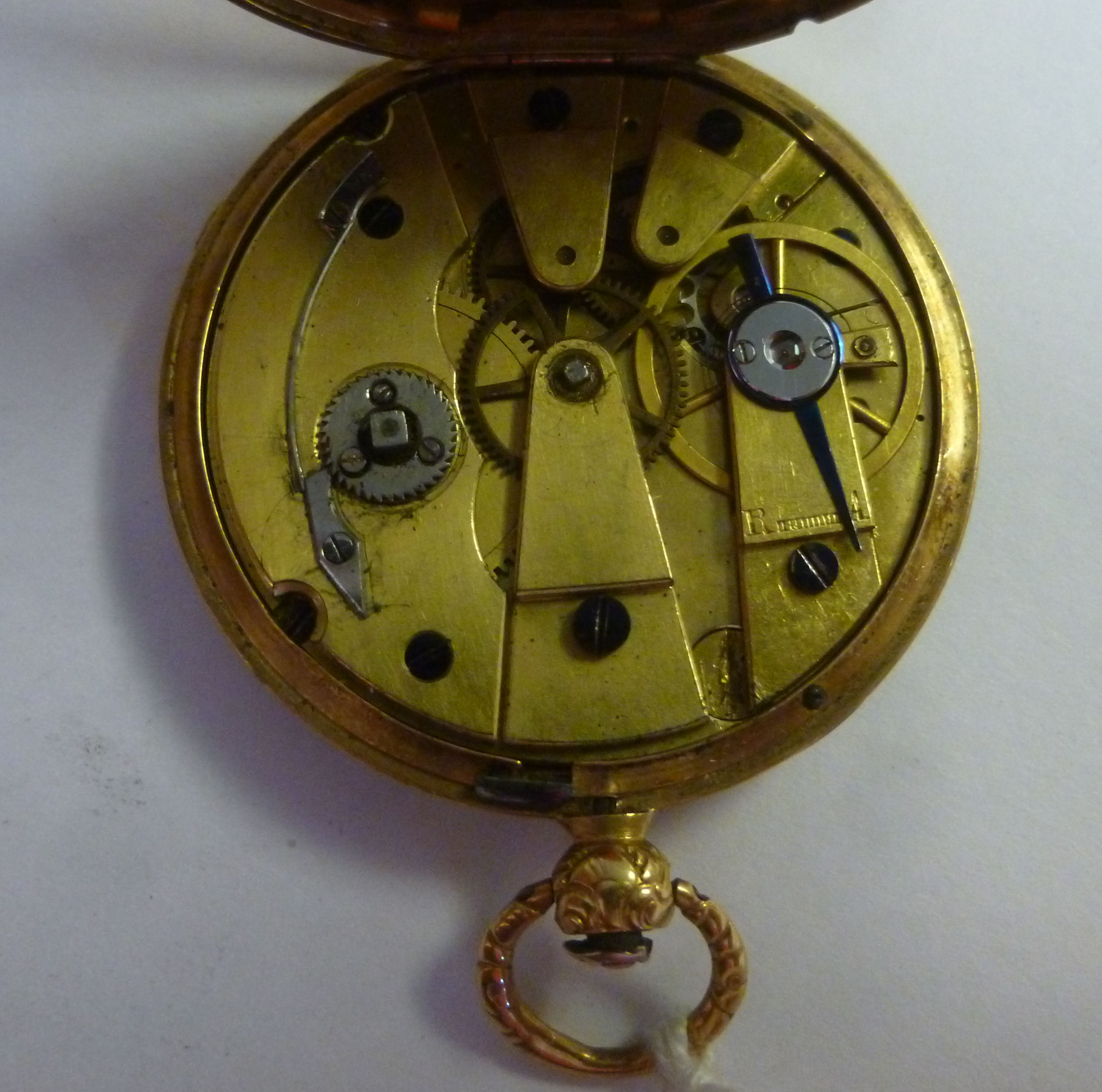 A late 19thC Flemish gold coloured metal slim cased pocket watch, engine turned, - Image 3 of 5