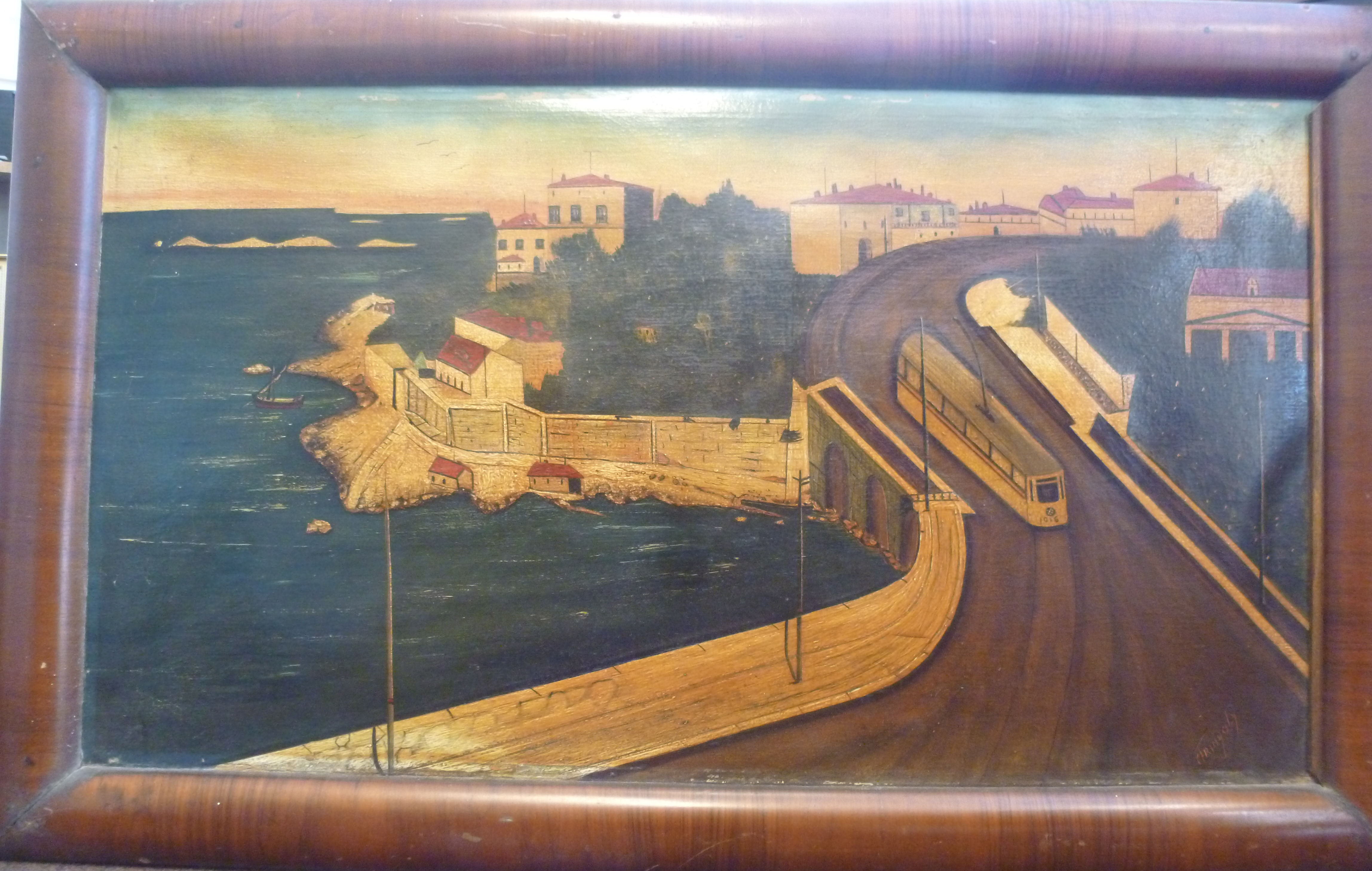 Tringaly - a 1920/30s Asiatic scene with a tram car on a coastline road oil on board bears a