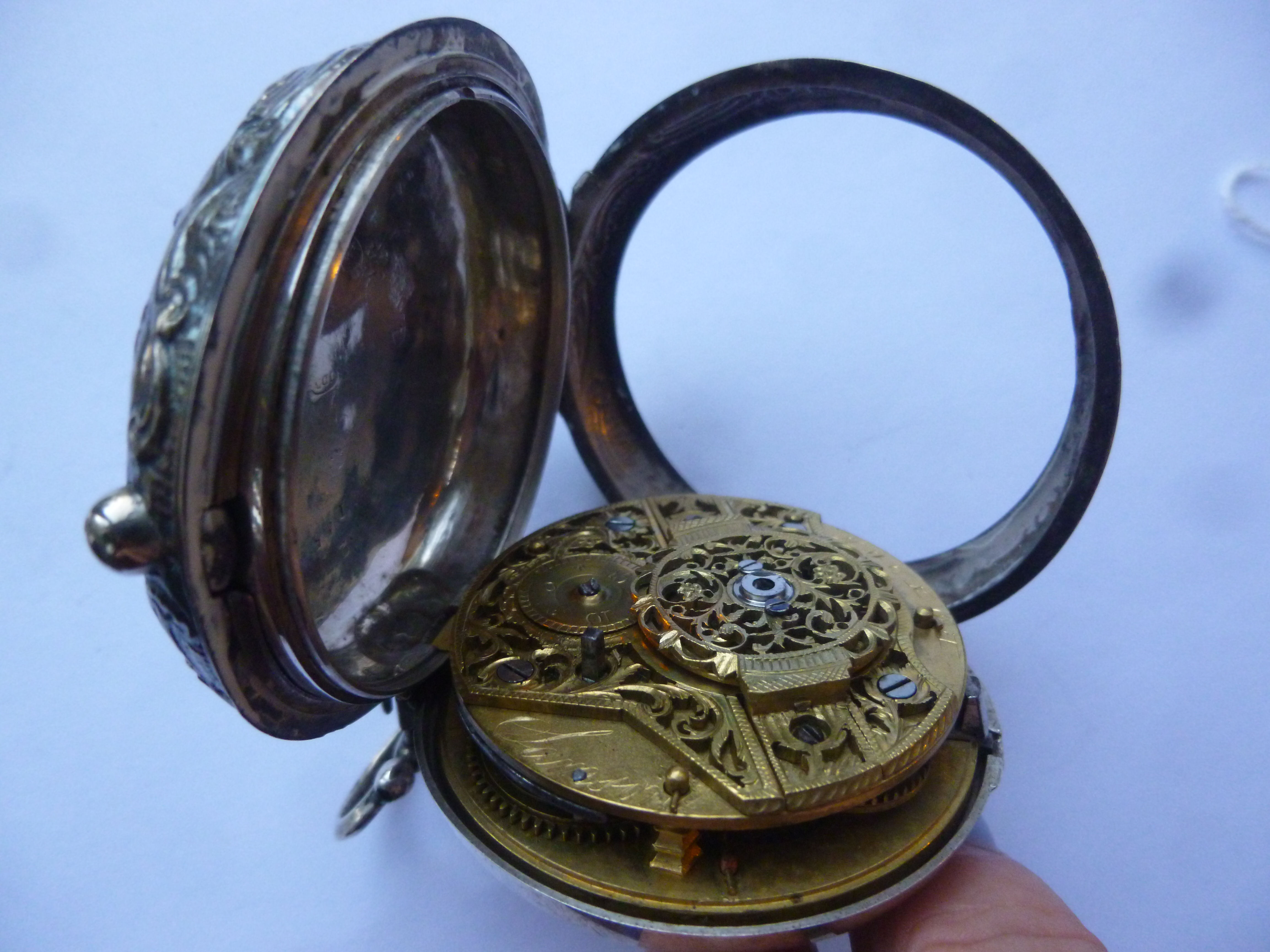 A late Victorian silver pair cased pocket watch, ornately embossed with a Biblical scene, - Image 4 of 10