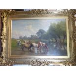 W Sydney Cooper - a pastoral scene with cattle watering beside a stream,
