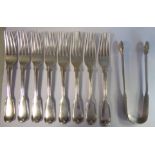 A set of eight George III silver fiddle and thread pattern dessert forks and a pair of matching