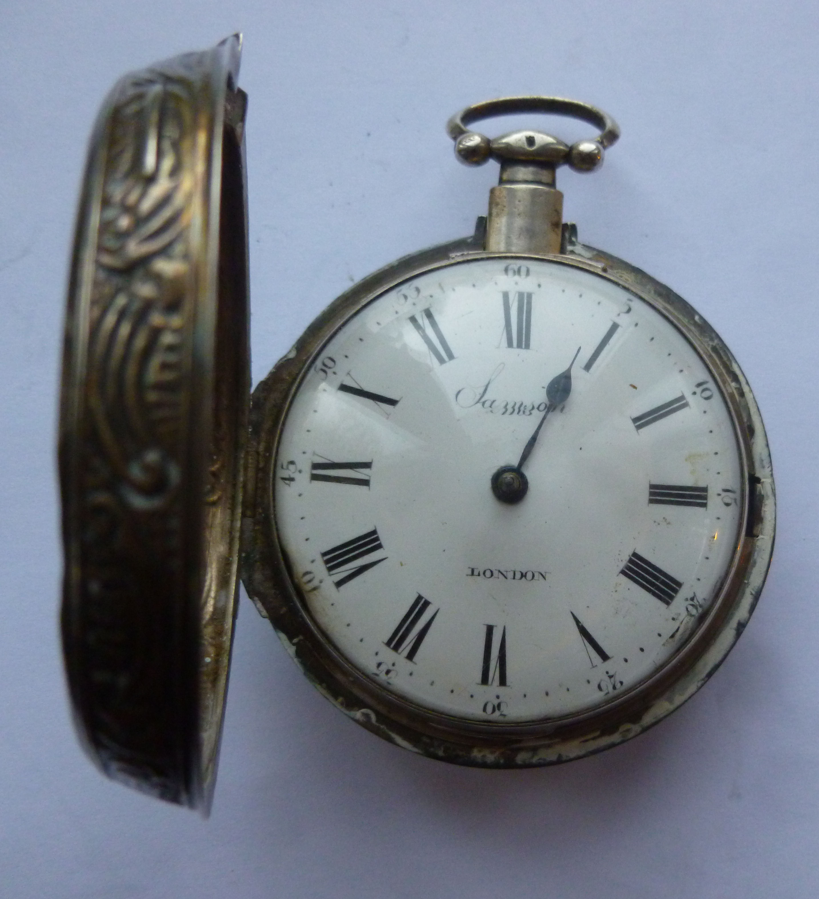 A late Victorian silver pair cased pocket watch, ornately embossed with a Biblical scene, - Image 2 of 10