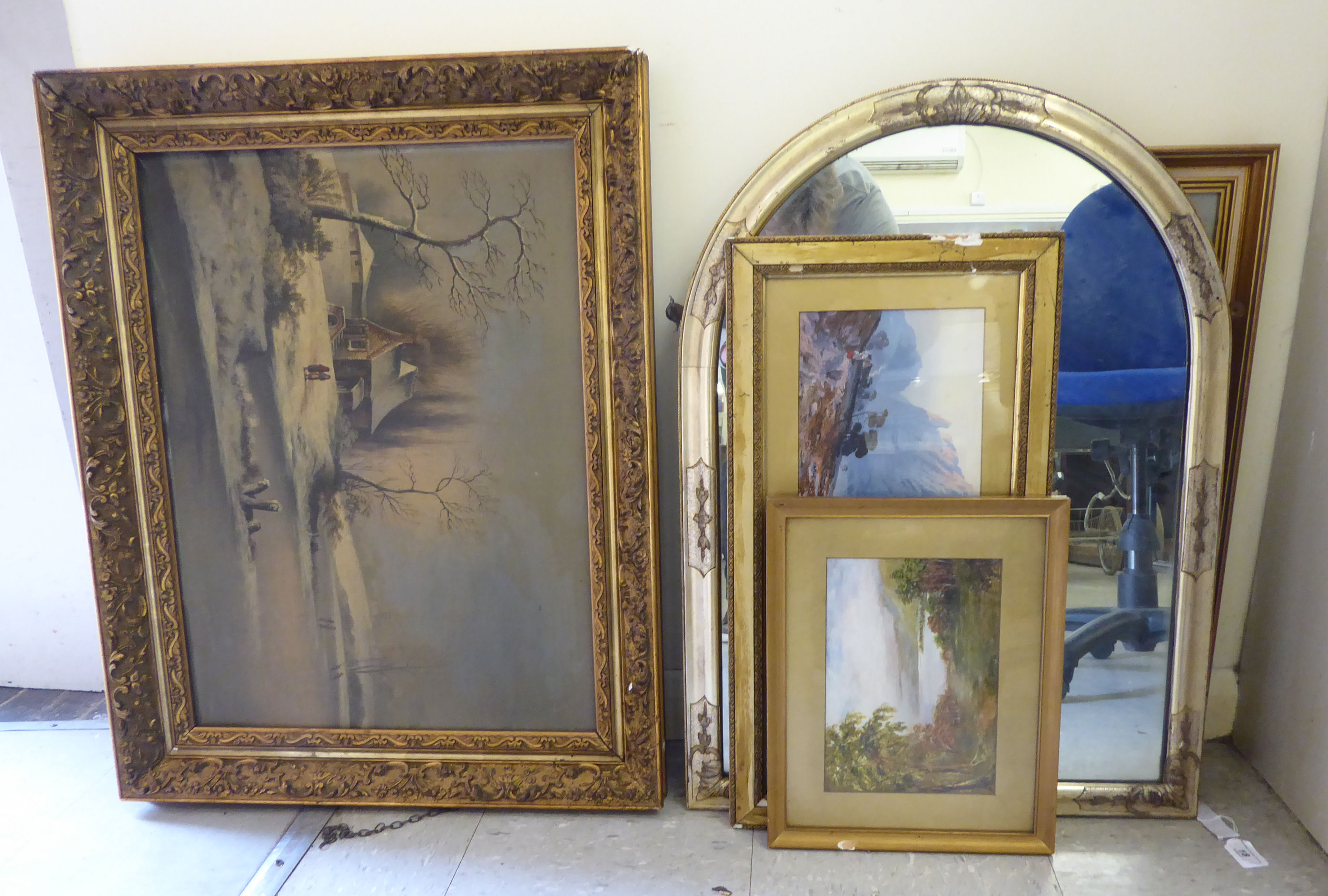 Framed pictures and mirrors: to include EL Dawson - a landscape with a valley and mountains beyond