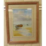 D Haddaw - a beach scene with a moored sailing ship at low tide with gulls beyond watercolour