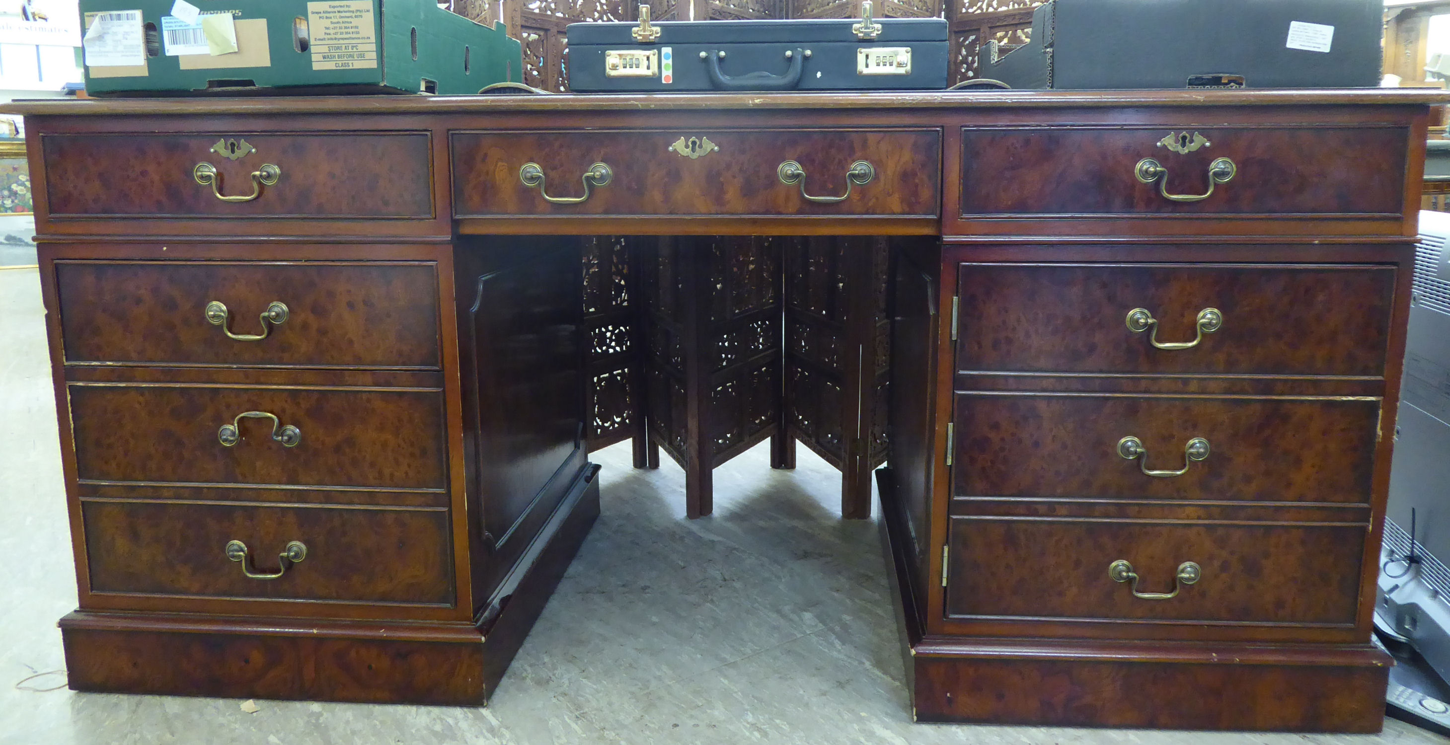 A modern burr walnut finished desk, the top set with a light brown hide scriber, - Image 2 of 2