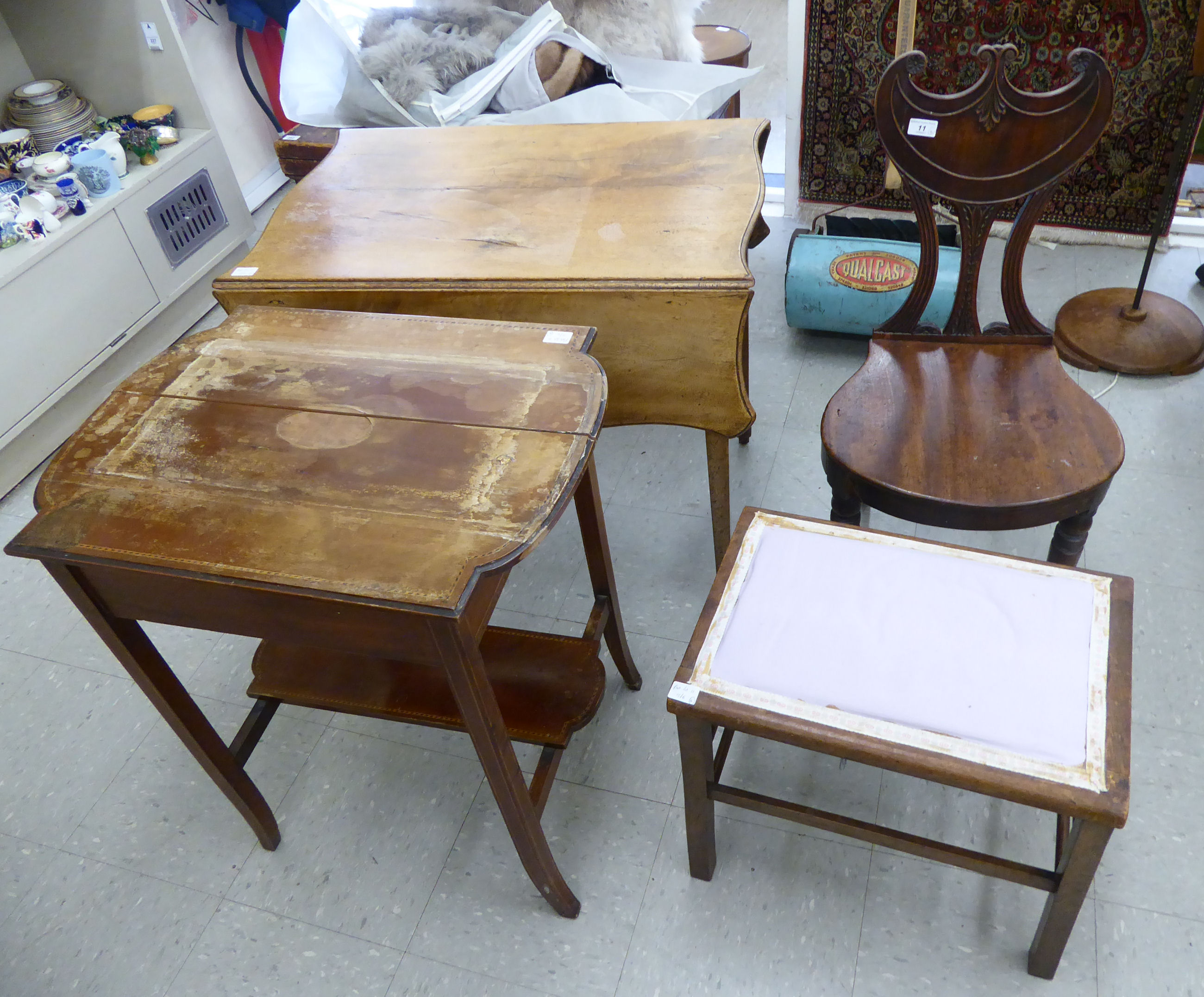 Small 19thC and later furniture: to include a William IV mahogany framed hall chair with a pierced