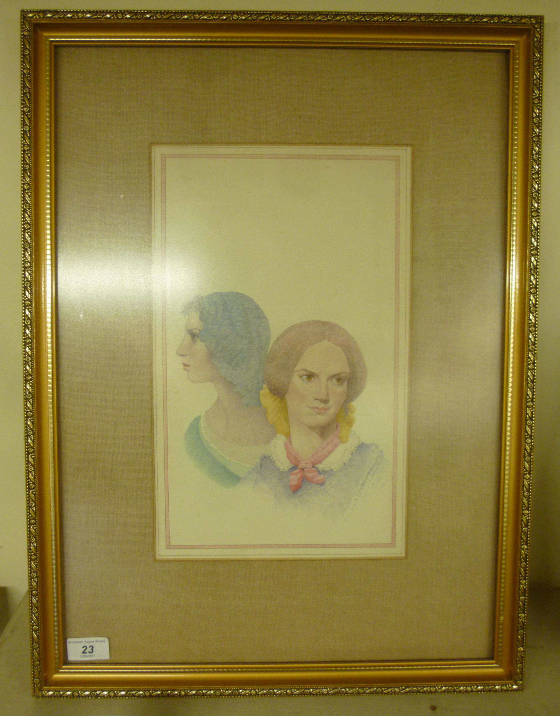 20thC British School - a portrait of two of the three Bronte sisters watercolour 9'' x 14''