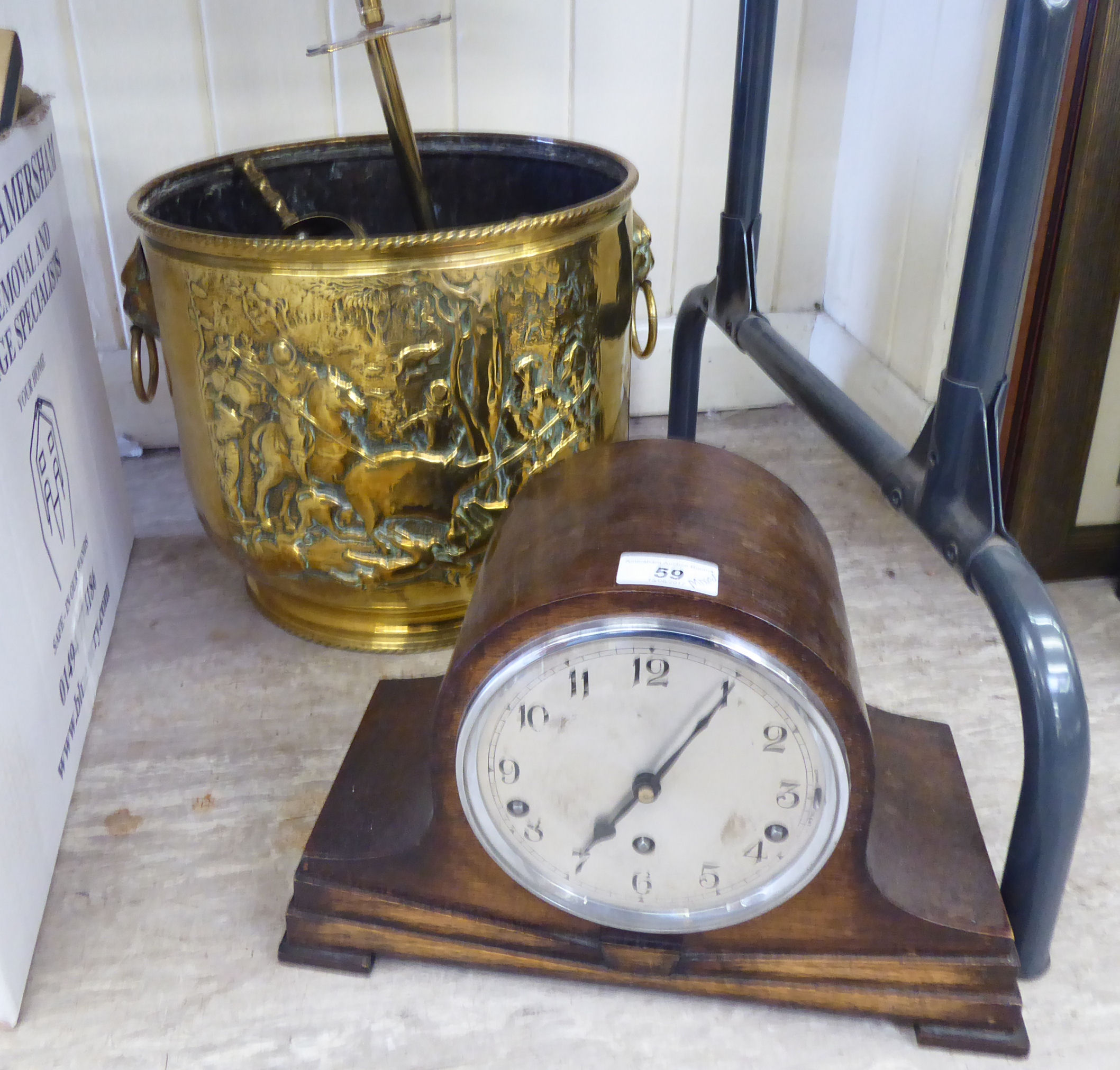 A mixed lot: to include a mid 20thC brass coal bucket with two lion mask ring handles 18''h