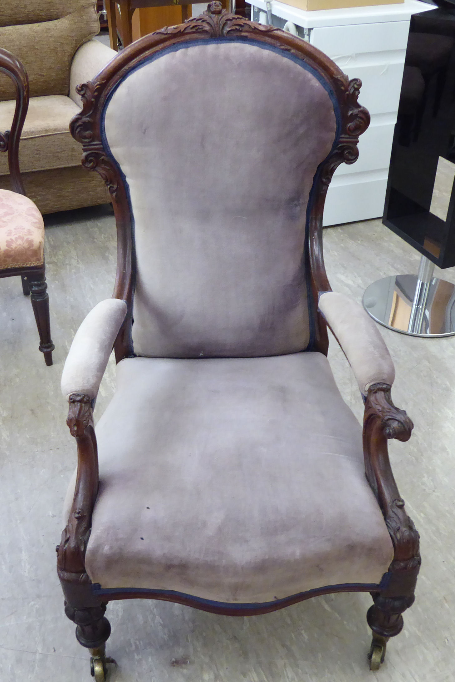 A late Victorian walnut framed open arm chair with foliate scroll carved ornament,