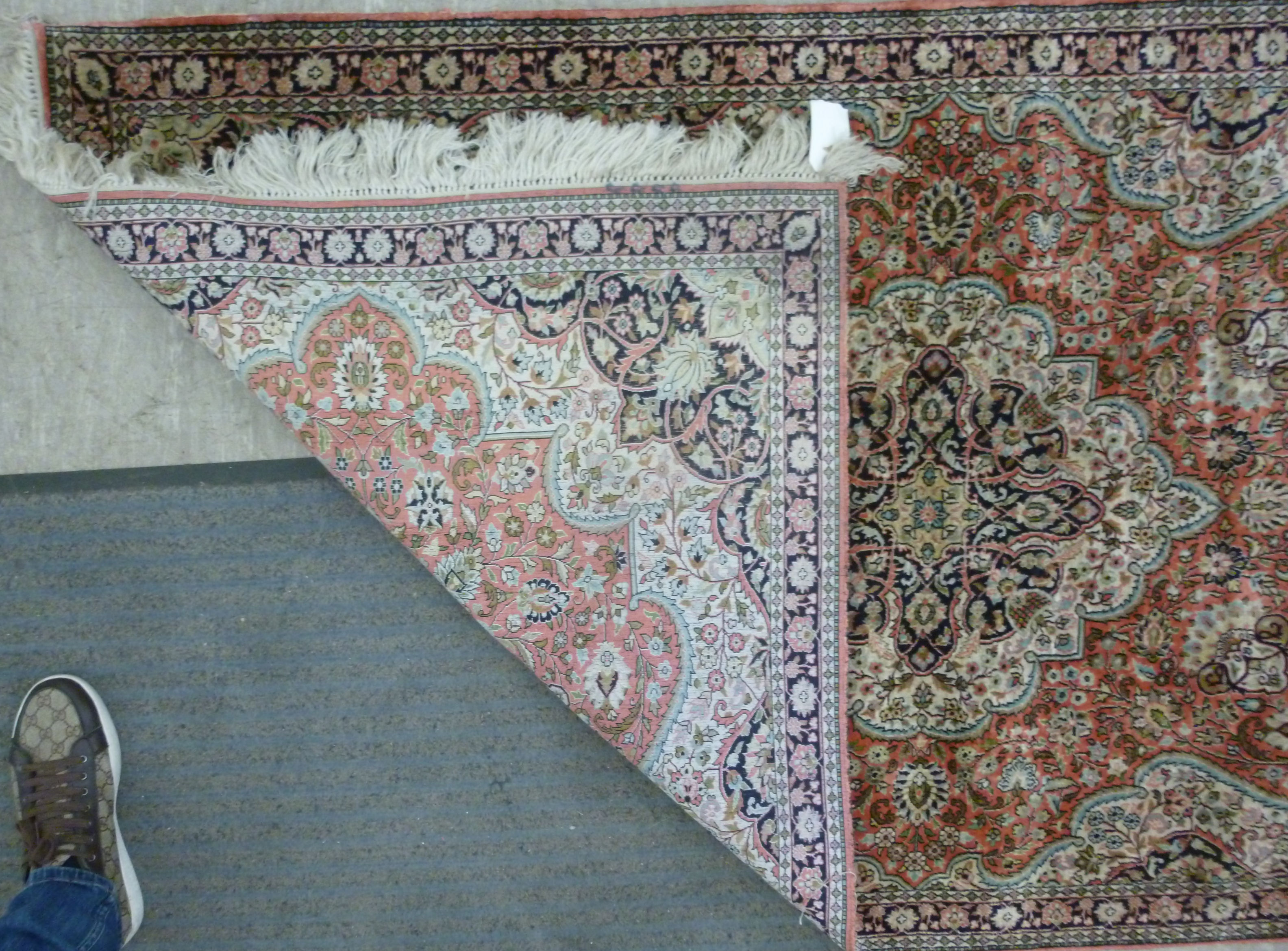 A modern silk rug with a central serpentine outlined medallion, bordered by flora and foliage, - Image 4 of 7