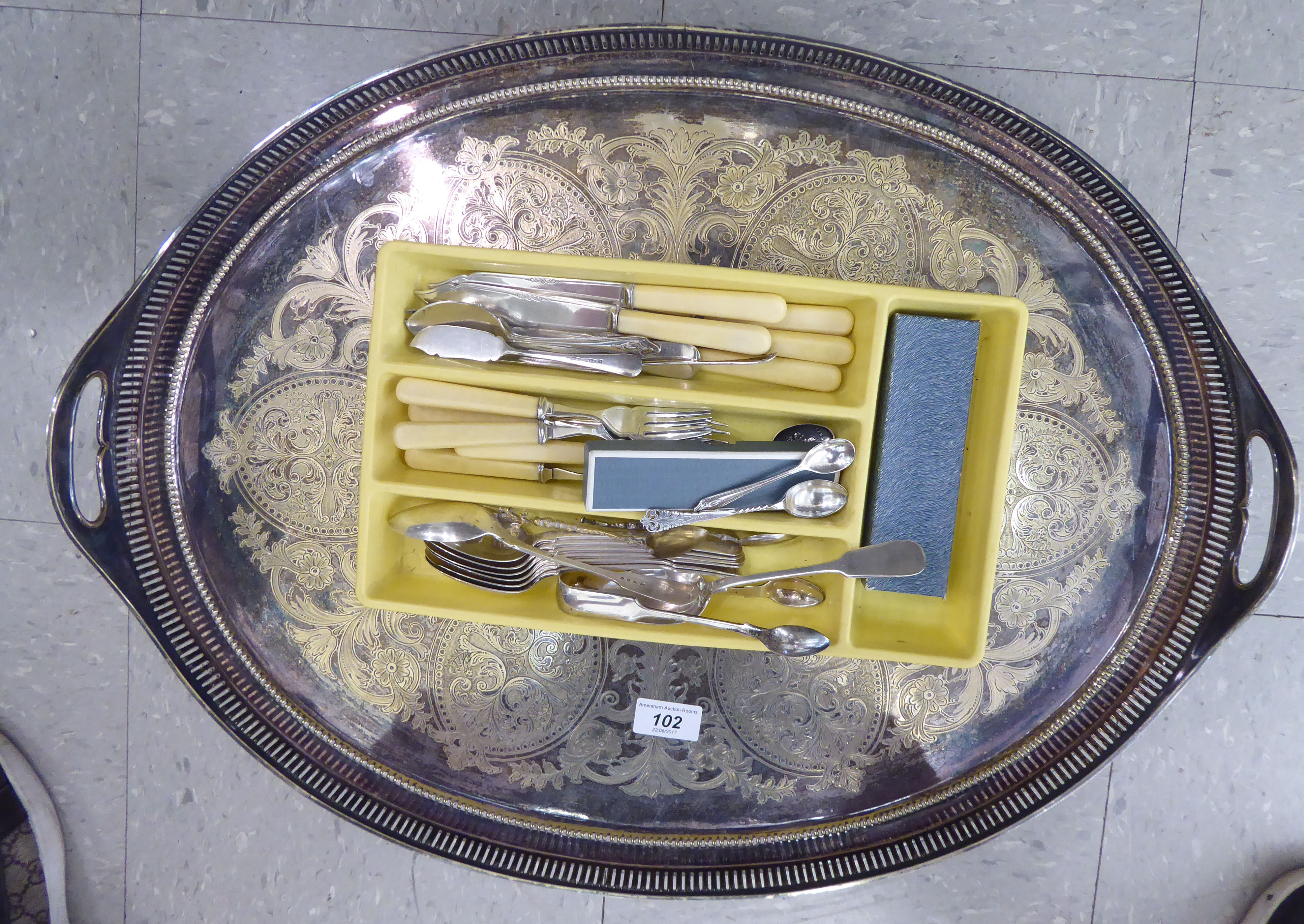 Silver plate: to include a serving tray with a pierced gallery,