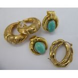 Three pairs of yellow metal earrings: to include a pair set with turquoise coloured stones stamped