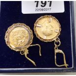 Two early 20thC half sovereign earrings,