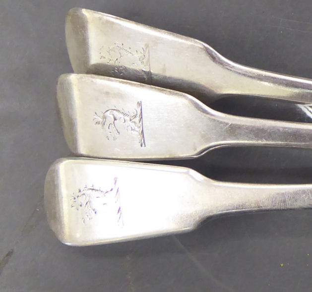 A matched set of three 19thC silver fiddle pattern table spoons mixed London marks CS - Image 2 of 2