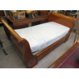 An early 20thC French inspired burr walnut framed single sleigh bed with mattress 44''w CA