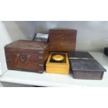 Boxes: to include an early 19thC rosewood perfume bottle tantalus,