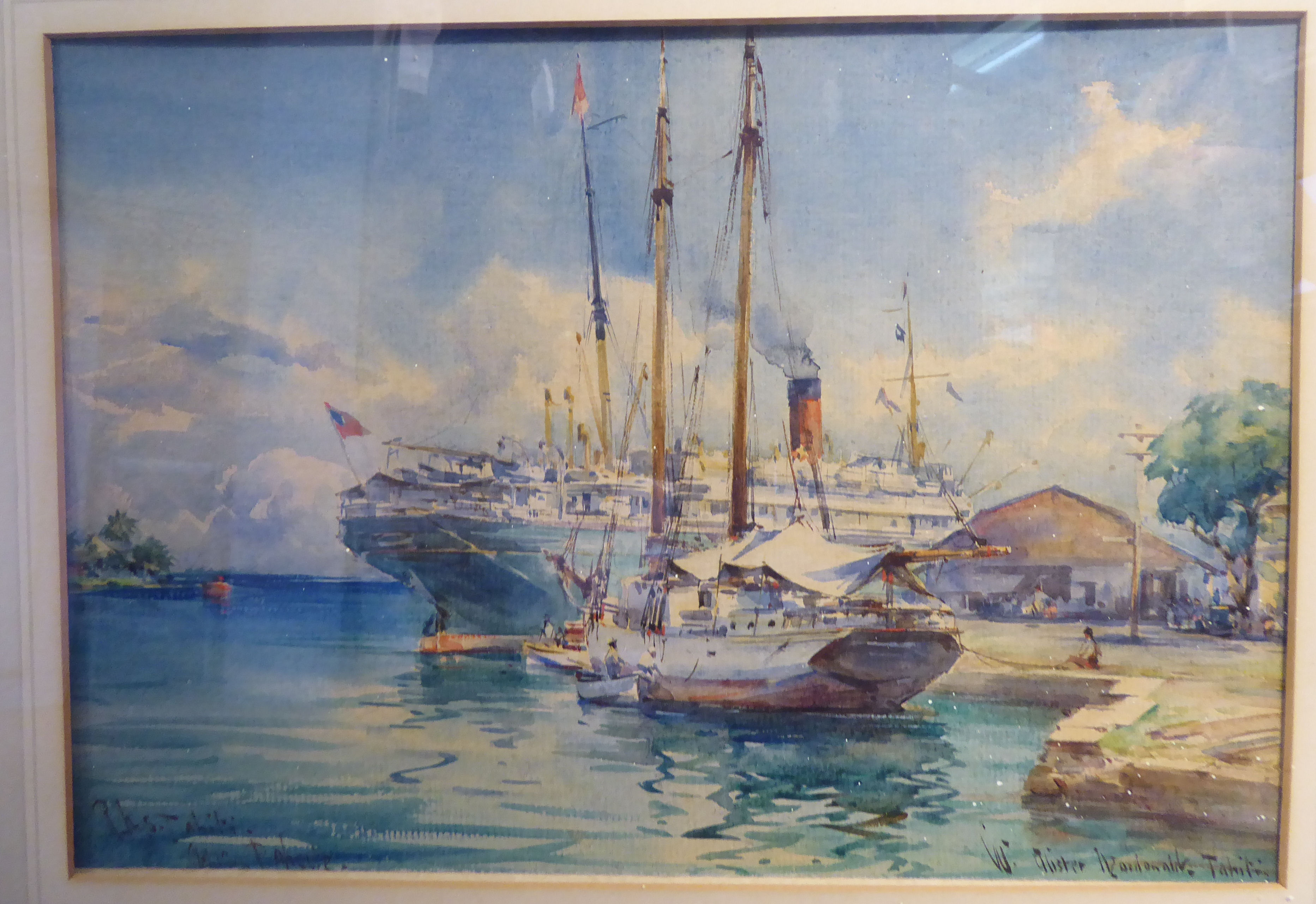 W Alister Moedanalik - two coastline views of cruise and sailing ships in Tahiti watercolours - Image 3 of 5