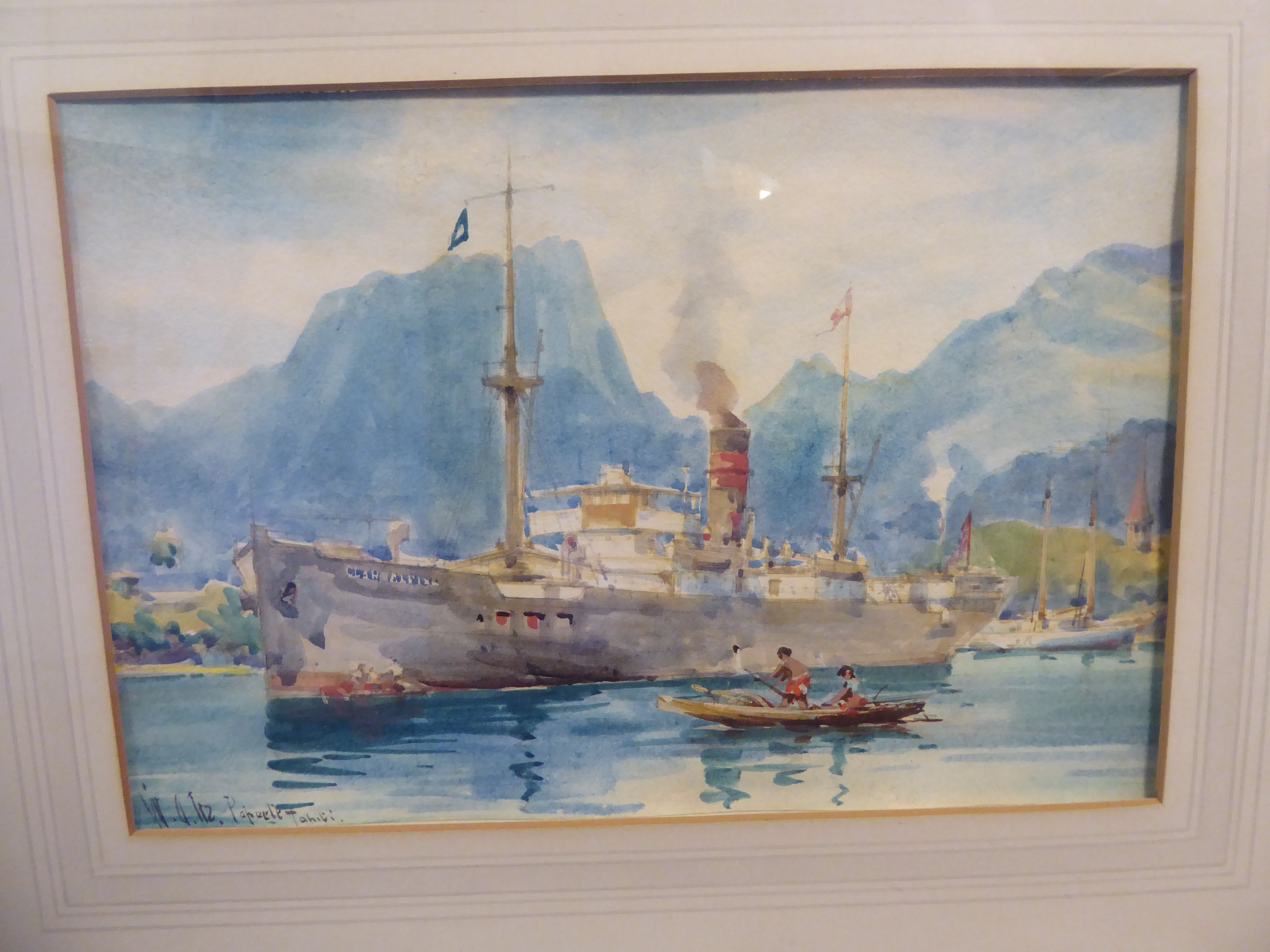 W Alister Moedanalik - two coastline views of cruise and sailing ships in Tahiti watercolours - Image 2 of 5