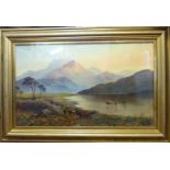 SR Percy - a late 19thC highland loch with cattle at the waters edge and on a track oil on panel