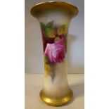 A Royal Worcester blush ivory glazed and mist gilded china vase of waisted cylindrical form,
