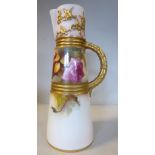 A Royal Worcester blush ivory glazed and gilded jug of banded, tapered cylindrical form,