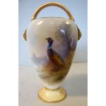 A Royal Worcester china basket vase of tapered form, having opposing, gilded,