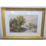 * Earp - a rural river scene with anglers and other figures in small boats watercolour bears a