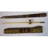 An early 20thC Chinese itinerant's bamboo knife, the sheath clad with gilded metal mounts,