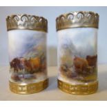 A pair of Royal Worcester china cylindrical spill vases, having pierced rims,