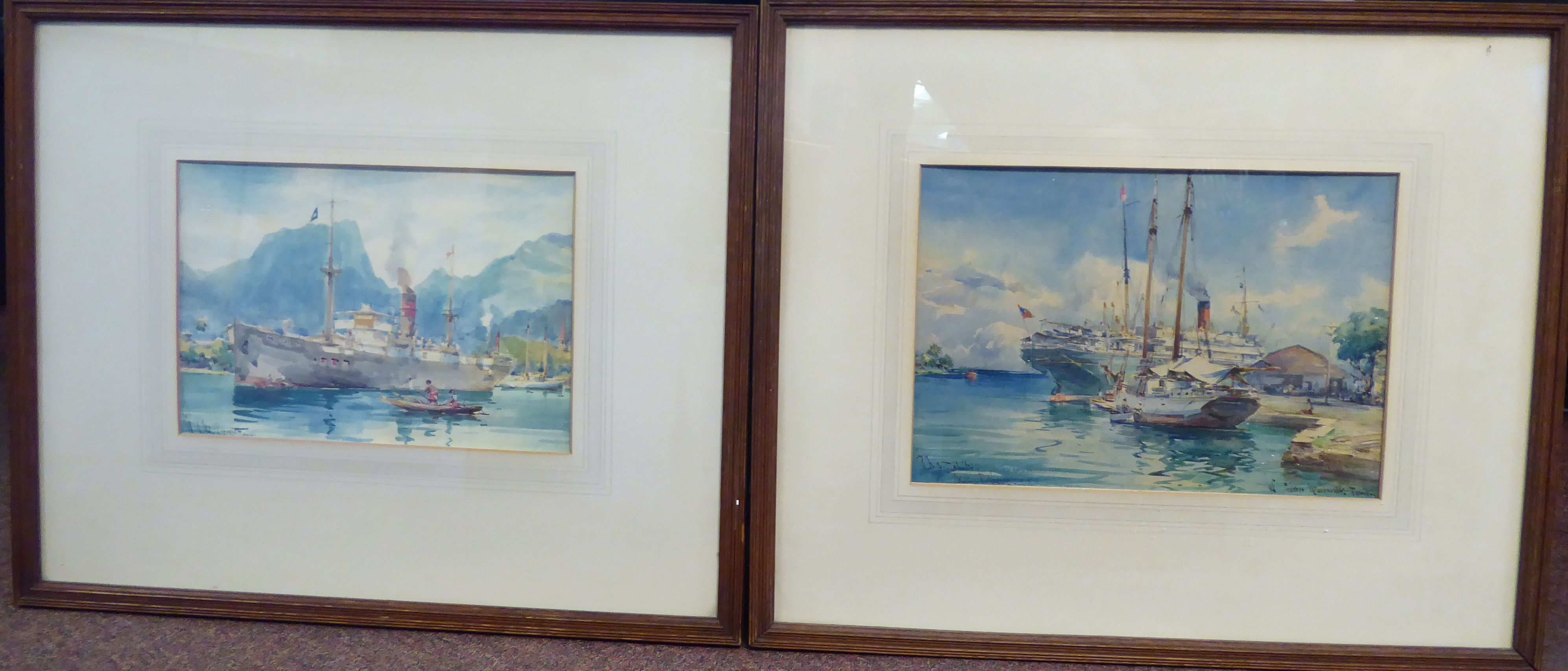 W Alister Moedanalik - two coastline views of cruise and sailing ships in Tahiti watercolours