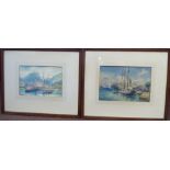 W Alister Moedanalik - two coastline views of cruise and sailing ships in Tahiti watercolours