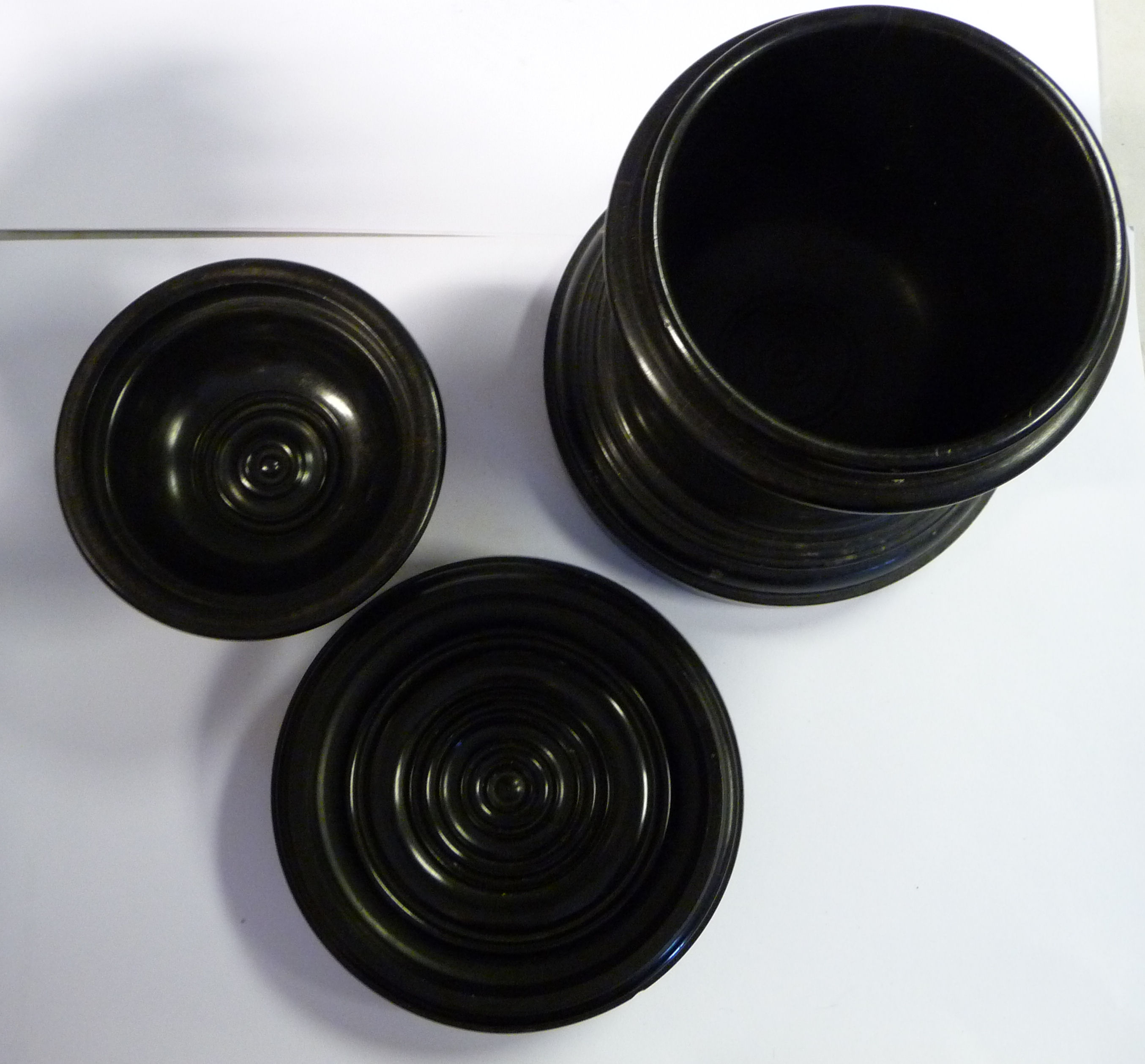 A late 19th/early 20thC black composition three part smoker's companion, comprising a drum base, - Image 4 of 5