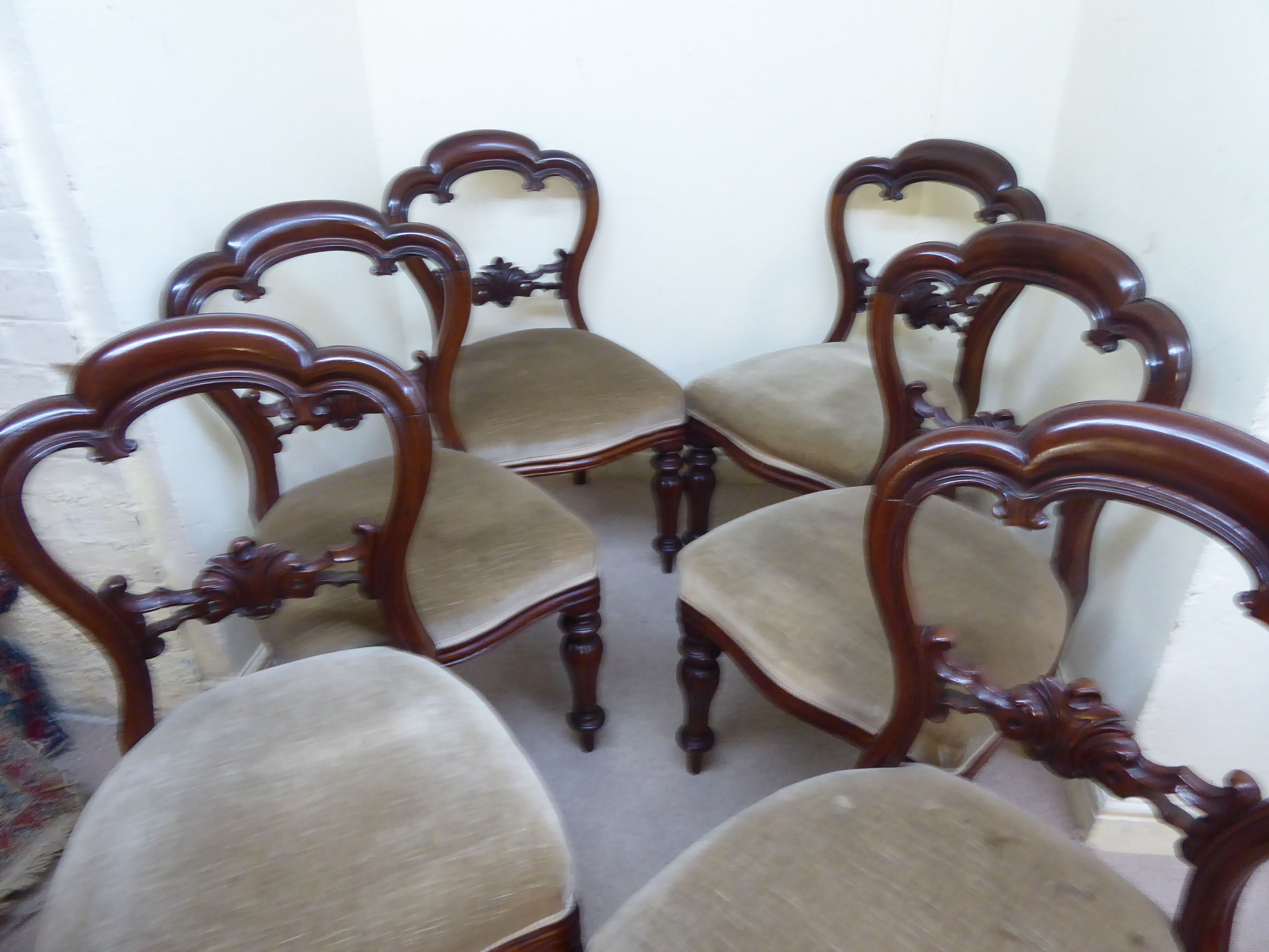 A set of six mid Victorian mahogany framed balloon back dining chairs, each with a carved, - Image 4 of 8