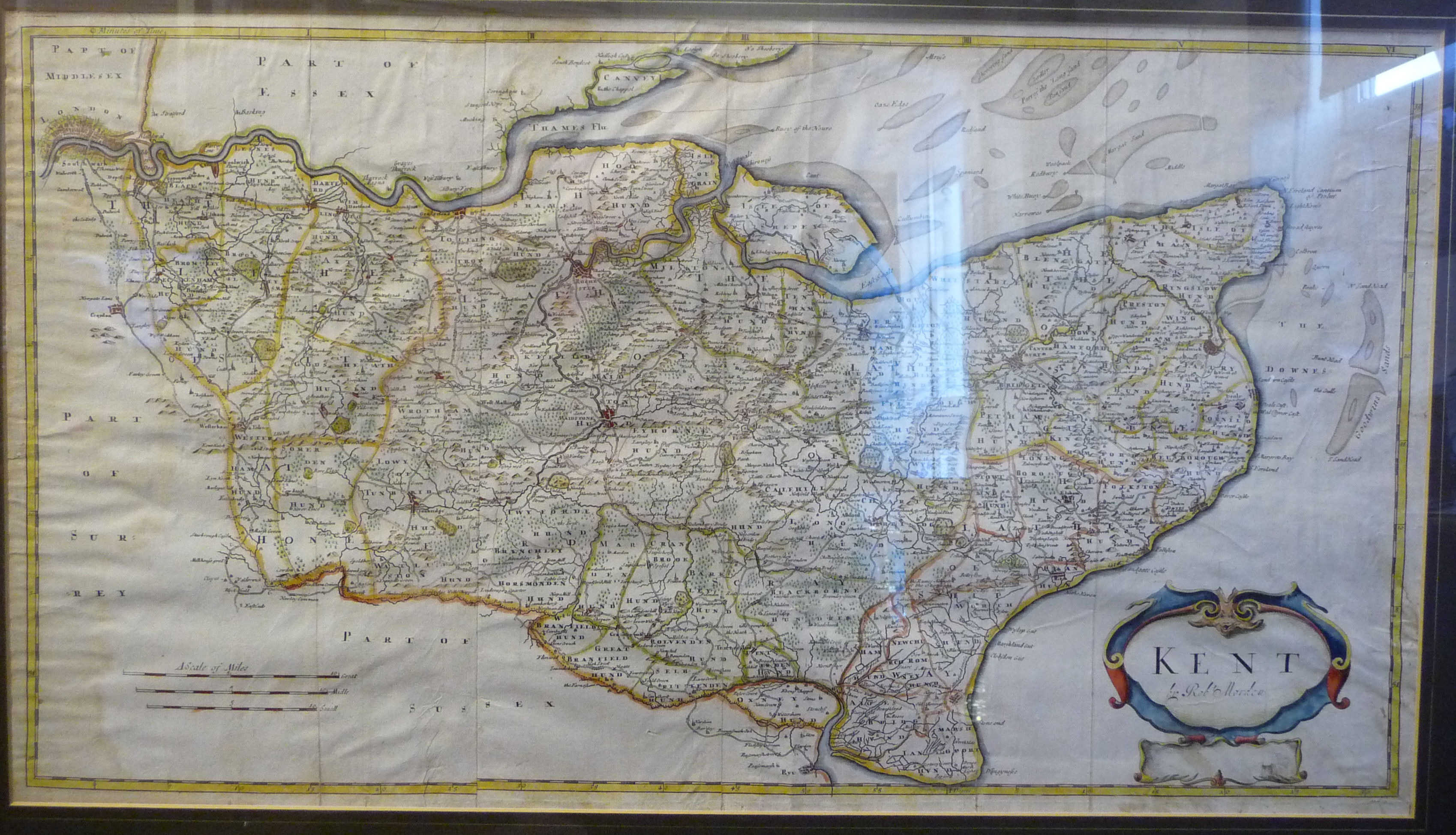 A late 17thC Robert Morden coloured county map 'Kent' with a scrolled title cartouche and scales - Image 2 of 8