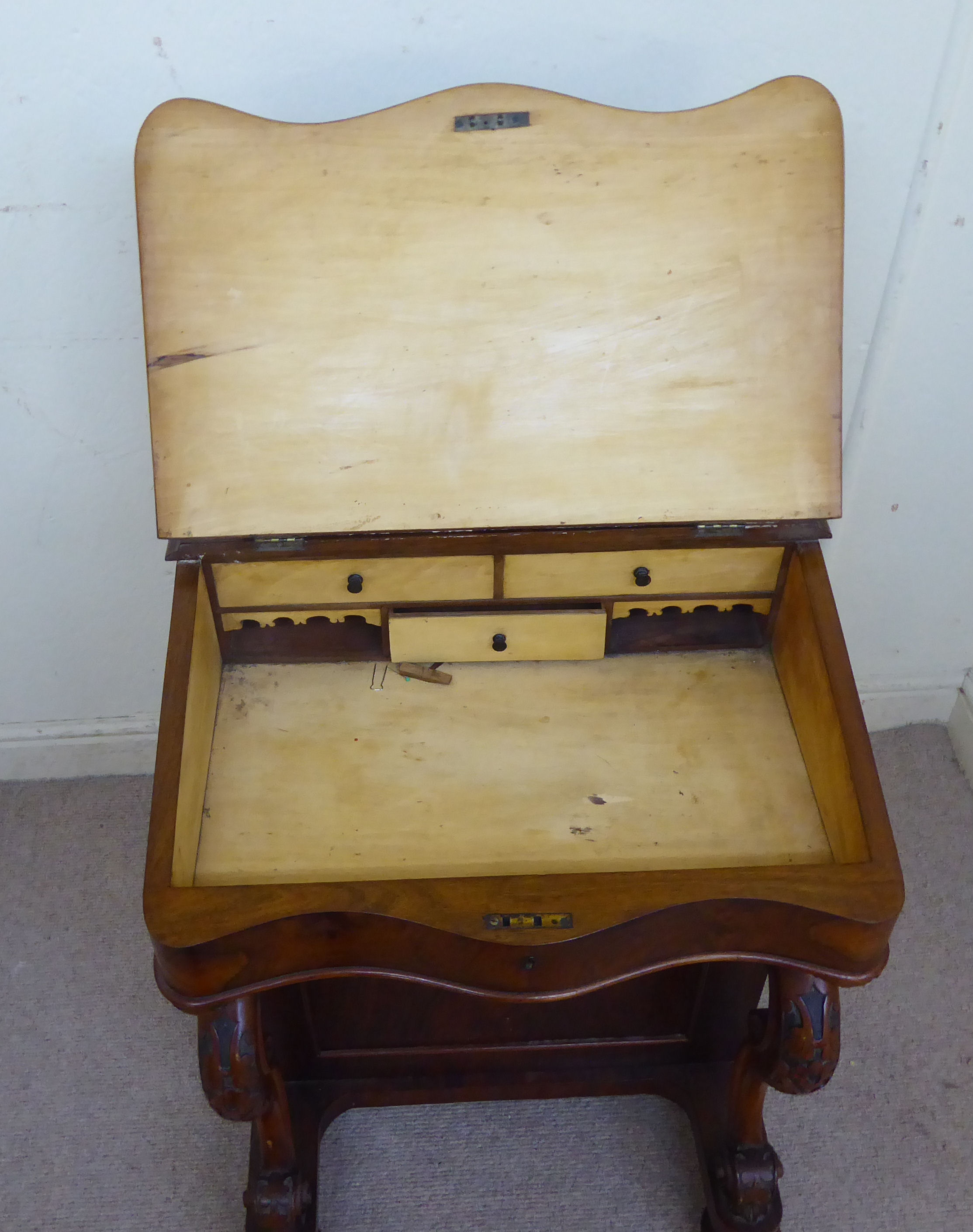 A late Victorian burr walnut veneered Davenport with a sloping, hinged top, - Image 7 of 10