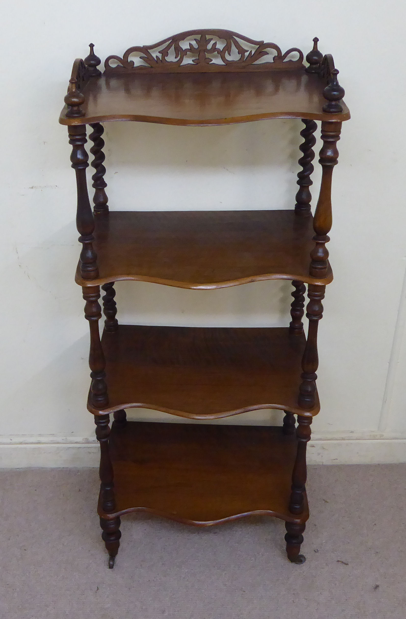 A late Victorian walnut four tier serpentine front what-not, - Image 4 of 8